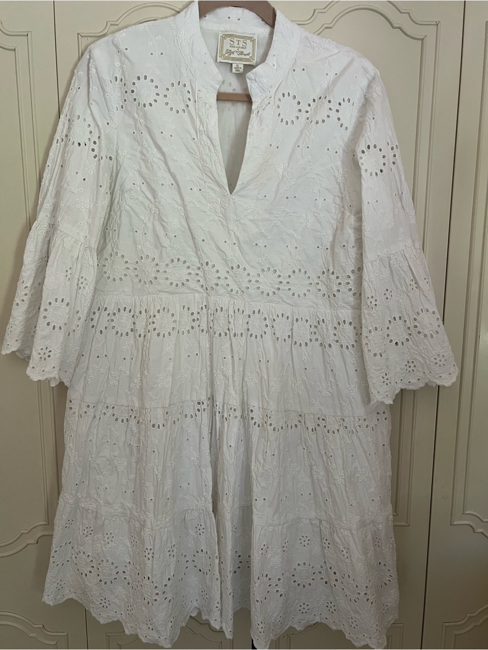 Sail to Sable White Eyelet Tiered Cotton Dress with Bell Sleeves